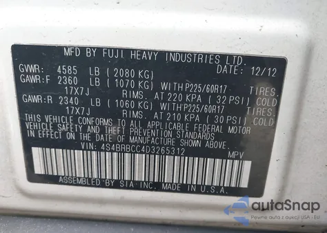 2013 Subaru Outback 2.5I Premium from USA, damaged, VIN 4S4BRBCC4D3265312